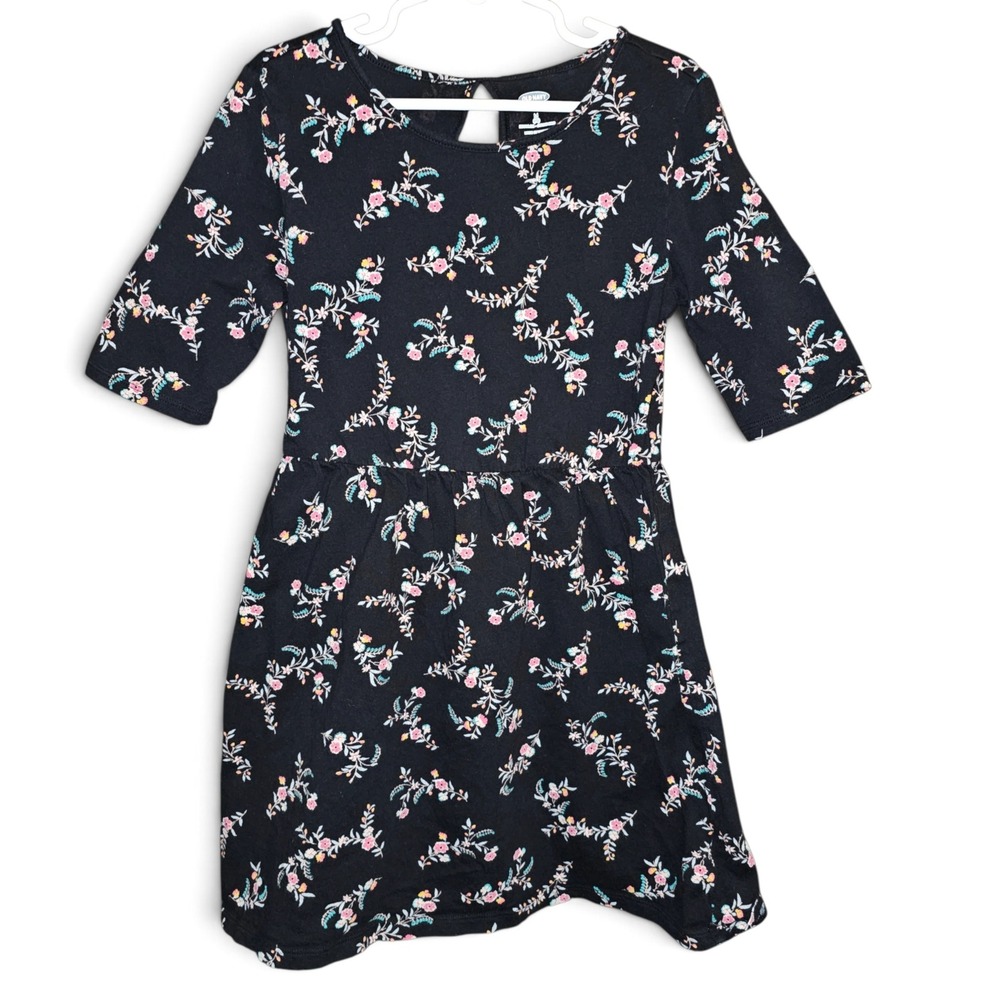 Old Navy Floral Dress Girls Size 8 Black Excellent Short Sleeve‎ Keyhole Back